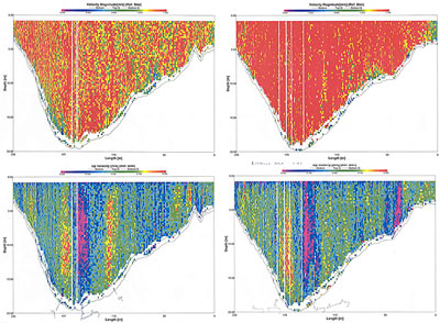 Magnitude velocity and up velocity along transect A in comparison during neap tide (first column) and spring tide (second column). Data were taken during ebb tide when the discharges were maximum. 